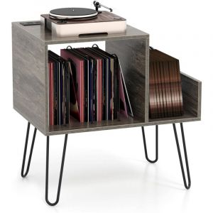 GOPLUS Petit Meuble pour Tourne-disque et Vinyles avec Station de Charge-Séparateur Amovible-Etagère Ouverte-Pieds en Métal,Gris