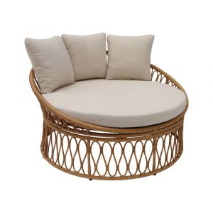 Sweeek Bain de soleil lit de jour lounge extérieur rond acier et imitation rotin naturel et beige 2 places