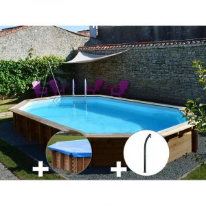 Sunbay Kit piscine bois Safran 6,37 x 4,12 x 1,33 m + Bâche hiver + Douche