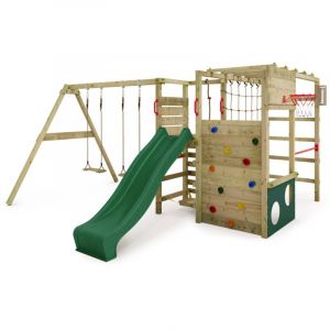 Fatmoose Portique d'escalade Tour de jeux ActionArena avec balan&ccedil;oire et toboggan, aire de jeux de jardin avec &eacute;chelle et accessoires de jeu &ndash; vert