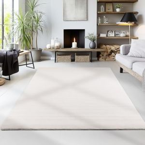 Homebyhome Tapis salon 120x170 cm Blanc Uni moderne et moelleux à poil court avec sous-couche antidérapante lavable