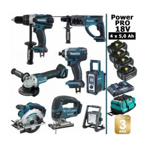 Makita Pack Power PRO 8 outils 18V: DDF458 DHR202 DGA504 DTD152 DJV180 DSS610 DMR108 Lampe DEADML805 4 batt 5Ah sac
