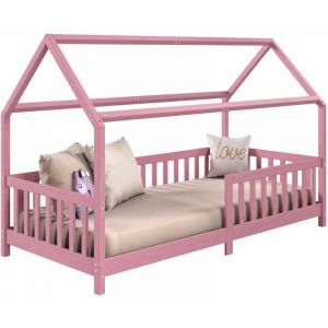 Idimex Lit cabane NINA lit enfant simple en bois 90 x 190 cm, en pin massif lasuré rose