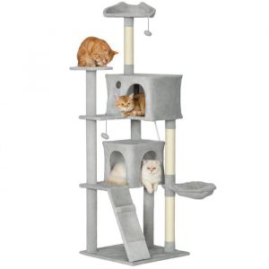 Pawhut Arbre à chat - 180H cm - platesformes niches lit hamac échelle et 2 balles en peluche griffoirs en sisal - gris clair