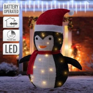 Décoration de Jardin - ECD GERMANY - Pingouin de Noël à 30 LED avec Bonnet et Écharpe - Blanc Chaud - Piles