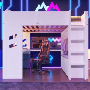 Lit mezzanine 140x200 cm - avec bureau - avec éclairage LED - avec 1 port USB - avec échelle + bureau + tiroir + étendoir - Blanc (matelas non inclus)