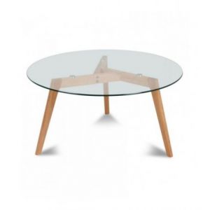 Image de Table basse ronde verre et bois massif scandinave Kaare (D.60xH.45cm)