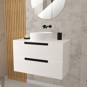 Aurlane Meuble salle de bains 80 cm Blanc Laqu&eacute; &agrave; suspendre - 2 tiroirs - Vasque Blanche &Oslash;36 cm - jazz