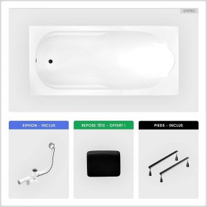 Baignoire rectangulaire - 160 x 70 cm - sans Habillage - avec Pieds - Repose-tête - Vidage Chrome - BONA