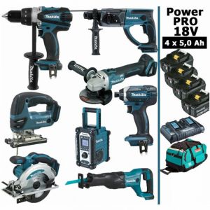 Image de Makita Pack Power PRO 8 outils 18V: Perceuse DDF458 + Perfo DHR202 + Meuleuse DGA504 + Visseuse à choc DTD152 + Scie sauteuse DJV180 +