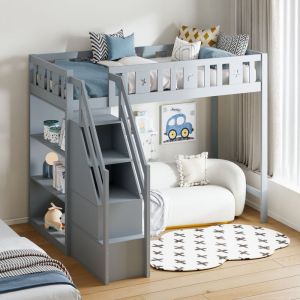 Lit mezzanine 90x200 cm, lit mezzanine ados avec échelle de rangement et étagères, cadre de lit en bois, gris