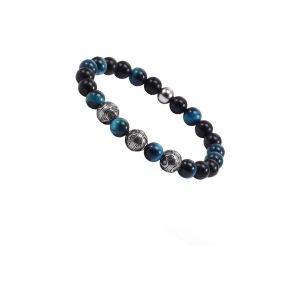 Bracelet Homme Perles ?il De Tigre Bleu Et Perles Argent&eacute;