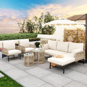 Ensemble de salon de jardin 6 pièces, avec rembourré, 2 fauteuils + 2 canapés + 2 tables, canape jardin, fer, beige
