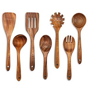 Ensemble Ustensiles de Cuisine en Bois BOKALAKA - Lot de 7 Cuillères en Bois de Teck