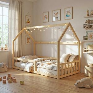 Weber Industries Lit cabane NEMO 90x190 + 1 sommier + barri&egrave;re /Naturel/ 196,5x97x140,5