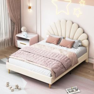 Lit 140x200cm - Tête de lit en forme de fleur, Sommier à lattes, Tissu en velours Style scandinave - Beige