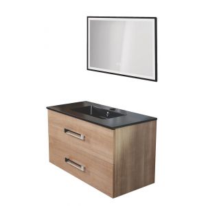 Meuble salle de bain à suspendre LENCA - 90 cm - Bois Miel - Miroir SELENA
