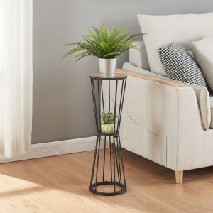 Étagère à plantes Fossbergom à 2 niveaux métal MDF 62 x 20 cm noir effet chêne