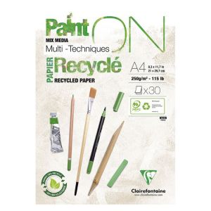 Clairefontaine 960061C Bloc Encollé PaintON Multi-techniques Recyclé A6 10,5x14,8 cm 250g - 15 Feuilles Papier Dessin Multi-techniques 100% Recyclé à la Surface Satinée - Blanc