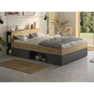 Lit 140 x 190 cm - 3 tiroirs et 6 niches - Naturel et noir + Sommier - ciketo