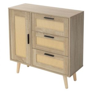 Commode avec 1 Porte et 3 Tiroirs, 74x76x30 cm, Aspect Chêne, Buffet avec Façade en Rotin et Pieds en Bois Massif, Armoire Meuble de Rangement pour