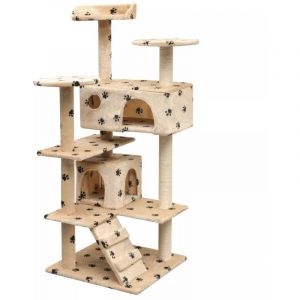 Arbre &agrave; chat griffoir grattoir nic jouet animaux peluc et sisal 125cm empreintes de pattes beige B0782