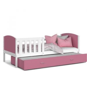 LIT Gigogne Tomy 90x190 blanc-rose livré avec sommier, tiroir et matelas de 7cm OFFERT. Blanc-rose