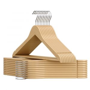 Songmics Cintres en bois, Lot de 20, Fins, avec encoches, Porte-pantalons, Crochet Pivotant à 360°, Bois de bouleau, pour haut à bretelles, Veste, Naturel
