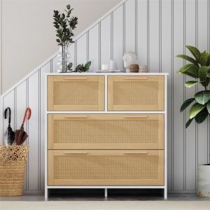Commode avec 4 tiroirs en rotin avec poignées - Convient pour chambre à coucher, salon, salle à manger, entrée - 80xH80x38 cm Naturel + Blanc