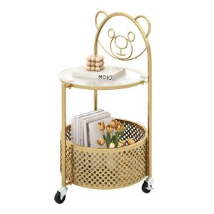 Coast Side Table Gold - 40 x 36.5 x 71 cm - Panier de rangement et cadre en m&eacute;tal avec roulettes
