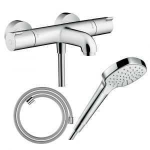 Hansgrohe Pack mitigeur bain thermostatique Ecostat 1001CL + Flexible Designflex + Pommeau Croma Select E EcoSmart blanc/chromé