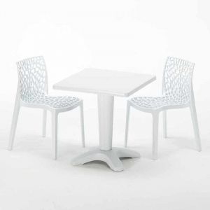 Grand Soleil Table et 2 chaises colorées polypropylene extérieurs PATIO | Gruvyer Blanc - Blanc