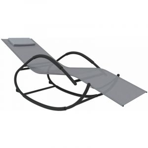 Transat chaise longue bain de soleil lit de jardin terrasse meuble d'extérieur à bascule gris acier et textilène 02_0012972