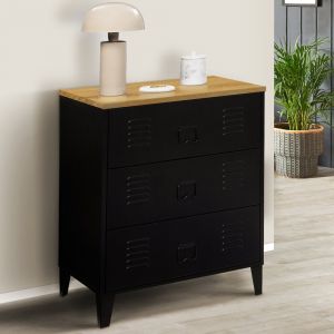Idmarket Commode ESTER 60 cm 3 tiroirs métal noir et plateau façon hêtre design industriel