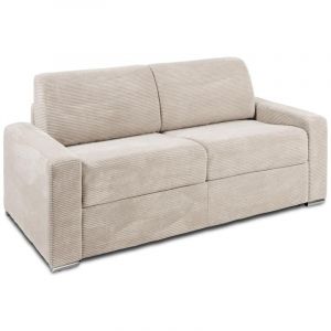 Canapé 3 places convertible express en velours côtelé beige - Couchage 140 cm - Matelas 14 cm CALITO