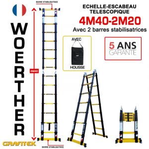 Echelle-escbeau télescopique 4m40/2m20 Woerther avec barre stabilisatrice - Charge maximal 150Kg - Garantie 5 ans