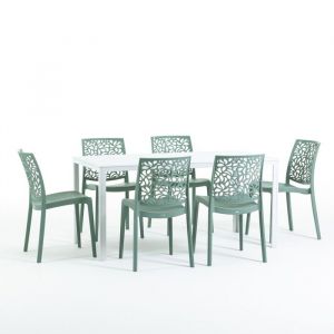 Ensemble table rectangulaire blanche et 6 chaises en résine vertes