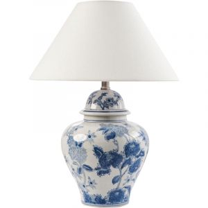 Beliani Lampe de Table Élégante avec Base en Porcelaine Motif Floral Abat-jour Cloche en Lin Blanc et Bleu Sorraia
