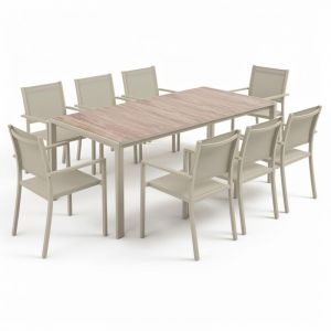 Oviala Ensemble table de jardin en aluminium effet bois et 8 fauteuils cr&egrave;me - Tivoli