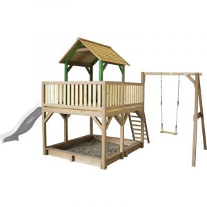 Axi Atka Maison Enfant avec Bac à Sable, Balançoire & Toboggan Blanc | Aire de Jeux pour l'extérieur en marron & vert | Maisonnette