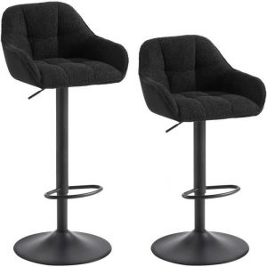 Lot de 2 Tabourets de Bar Chenille+Velours Côtelé. Tabouret Bar Réglable en Hauteur avec Dossier. Repose-Pieds. Noir - Woltu