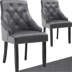 TecTake - Lot de 2 chaises de salle à manger Everdeen - Aspect velours, surpiqué - Avec accoudoirs - Pieds en bois massif - Chaise pour salon, salle à manger, cuisine - Dossier large - Gris foncé / noir