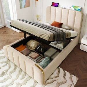 Lit Simple Rembourré 90x200 cm avec USB Type-CLit Coffre Hydraulique Anti-collision avec sommier à lattes- Lin Beige Élégant