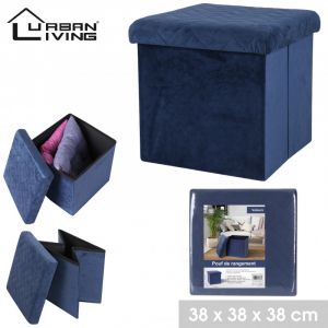 AC-Déco Pouf de rangement carré pliable en velours - 37.5 x H 37,5 cm - Bleu