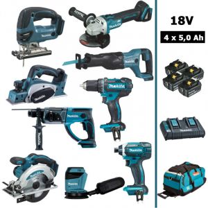 Makita Pack 9 machines 18V 5Ah: DDF482 + DTD152 + DGA504 + DHR202 + DJR186 + DJV180 + DSS610 +DBO180+DKP180+4 batteries+sac