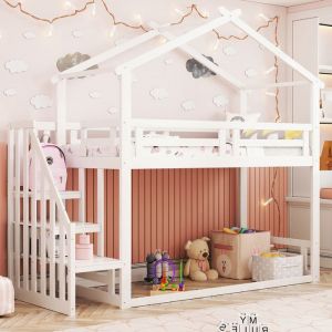 Lit Superposé enfant 90x200cm, Lit mezzanine avec escalier de sécurité, lit Cabane avec sommier à lattes, bois massif Blanc