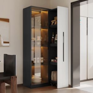 Vitrine mobile 70x40x160 cm - Biblioth&egrave;que - &Eacute;clairage LED - 1 porte vitr&eacute;e et 1 tiroir - Avec roulettes - MDF - Noir et blanc