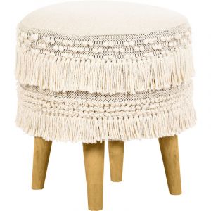 Privatefloor Tabouret Boho Bali Design En Bois De Pin, Coton - Gwinnett Bali Cr&egrave;me