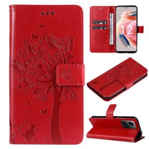 Coque pour Xiaomi Redmi Note 12 4G 6.67",Prime PU Cuir Etui Magnétique Flip case,Rouge Housse téléphone Motif en Arbre Chat -