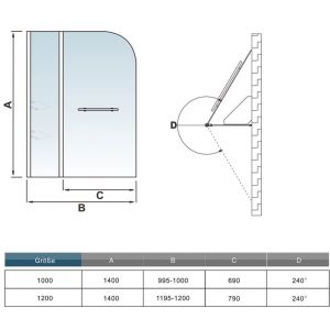 Image de AICA Sanitaire Pare baignoire 100x140cm paroi de douche pivotante à 240¡ãverre securit avec porte-serviette